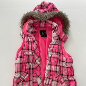 Kids Pink Plaid Puffer Vest w/Fur Hood